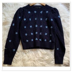 English Factory Embroidered Puff Sleeve Knit Sweater Blue Size Small